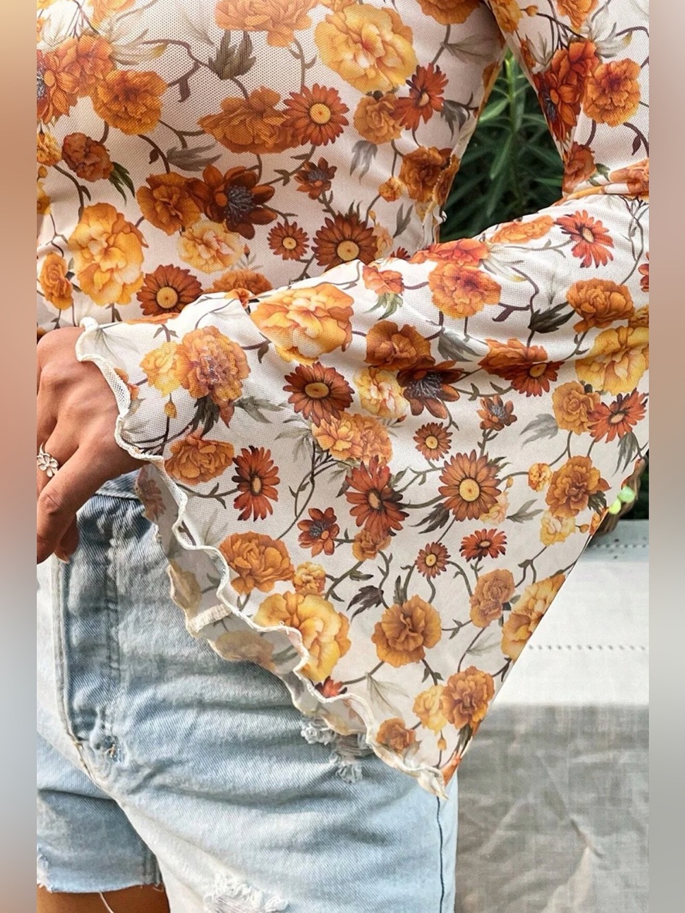 NEW Medium Orange Sheer Mesh Retro Floral Bell Sleeve Mock Neck Blouse - Picture 5 of 9